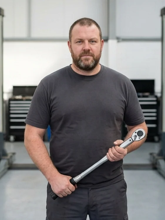 Lee Carver, technician, holding a torque wrench in the workshop