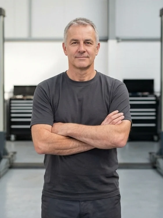 Steve Halden, owner, arms folded in front of the ramps
