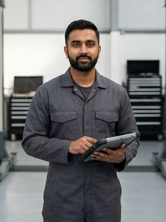 Amrit Sohal, diagnostics technician, with a diagnostic tablet