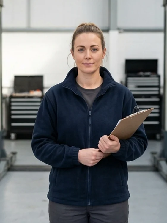 Nicola Price from the service desk, holding a clipboard in the workshop