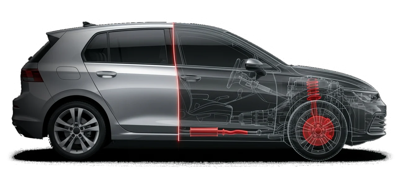 Silver hatchback half shown as an X-ray, with the brakes, suspension and exhaust highlighted in red